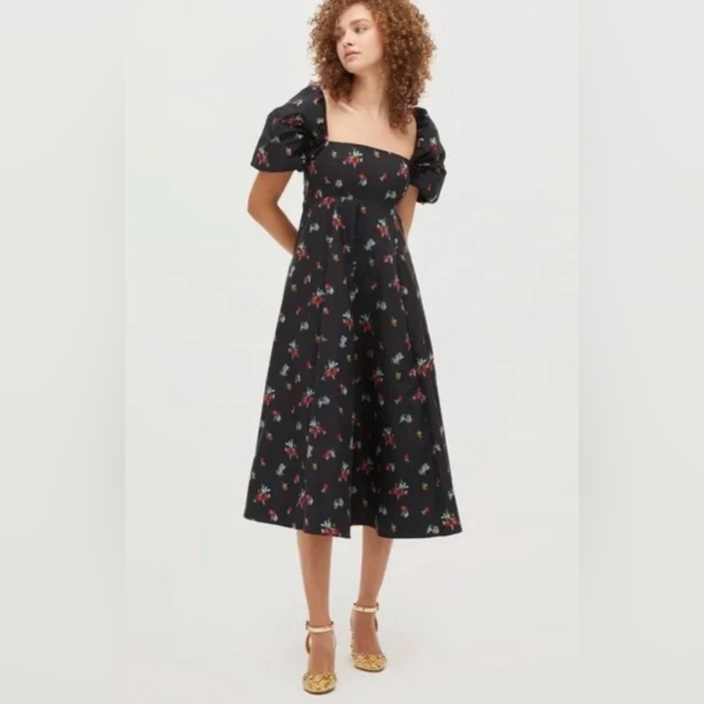 Hill House Home Matilda Nap Midi Dress Black Ikat Floral Taffeta Size XXS NWOT